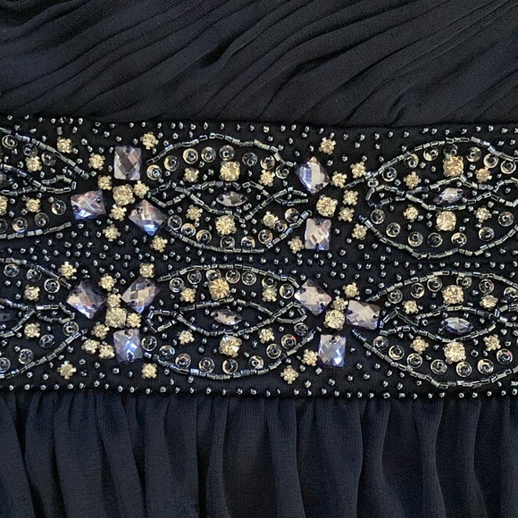 One shoulder navy blue gown with drape in back and crystal detail - Picture 3 of 5